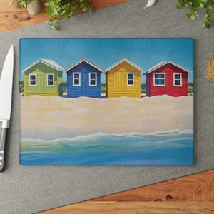 Colorful Beach Houses Glass Cutting Board, Coastal Kitchen Decor, Glass Cutting Board, Beach House Decor, Coastal Serving Tray, Beach Theme