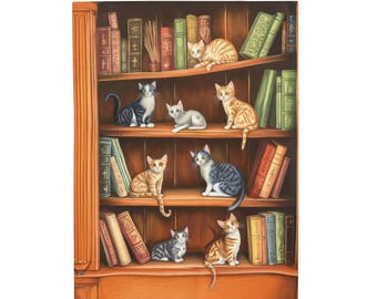 Kittens op een boekenplankdeken, kattenliefhebber cadeau, gezellige deken, decor leeshoek, schattig kattenbeddengoed, zachte kattensprei