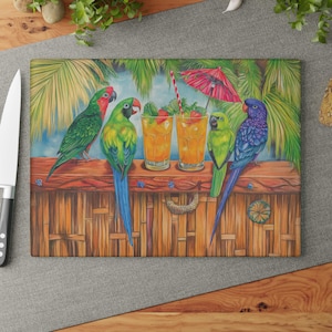 Tabla de cortar de vidrio con diseño de loros y cócteles, tabla de cortar para bar Tiki, decoración de cocina, regalo de inauguración de la casa, diseño tropical