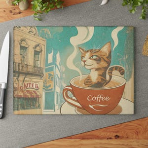 Artistic Retro Cat Coffee Glass Cutting Board - Unique Kitchen Decor, Cat Lover Gift, Cat Kitchen Accessory, Coffee Lover Gift, Retro