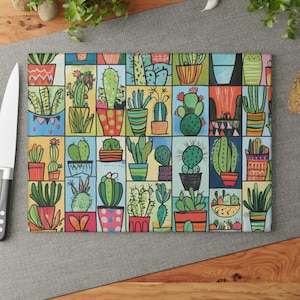 Colorful Cactus Glass Cutting Board, Kitchen Decor, Serving Tray, Cactus Lover Gift, Housewarming Gift, Succulent Design