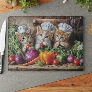 Kitten Chefs Glass Cutting Board for Kitchen, Cat Lover Gift, Chef Decor, Glass Cheese Board, Glass Cutting Board, Foodie Gift, Cat Gift