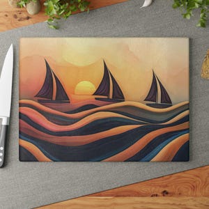 Glass Cutting Board, Nautical Sailboats Sunset Kitchen Decor, Beach House Gift, Coastal Home Accessories, Ocean Theme Serving Platter, Boat