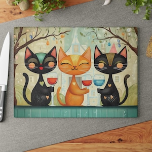 Cat Trio Wine Glass Cutting Board, Kitchen Decor, Cat Lover Gift, Glass Serving Platter, Housewarming Present, Cute Kitchen Accessories