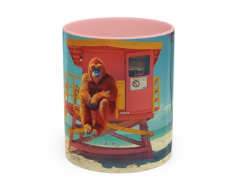 Sasquatch Lifeguard Coffee Mug, Bigfoot Beach Lover Cup, Funny Cryptid Coffee Cup, Novelty Sasquatch Gift, Unique Coffee Mug