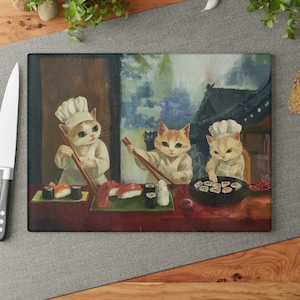 Kitten Sushi Glass Cutting Board, Funny Cat Chef Kitchen Decor, Cat Lover Gift, Unique Sushi Board, Cute Kitten Kitchenware, Cat Chef