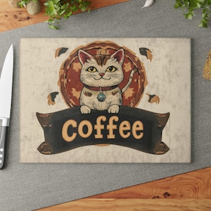 Artistic Retro Cat Coffee Glass Cutting Board - Unique Kitchen Decor, Cat Lover Gift, Cat Kitchen Accessory, Coffee Lover Gift, Retro