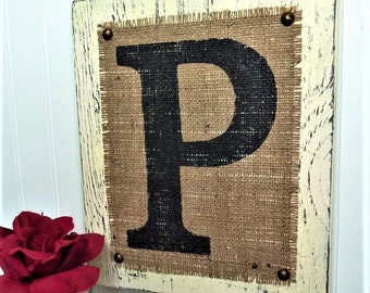 Monogram LETTER Sign, Burlap Wood Sign, Custom letter color, farmhouse signs, Personalized Wedding Gift, Housewarming Gift, wedding gift