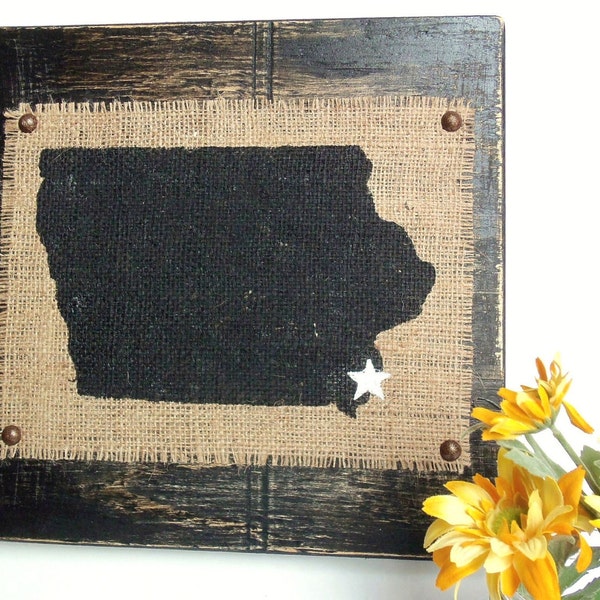 IOWA, wood, Burlap wall sign, custom, state city, heart, housewarming, wedding gift, home decorating, ranch, cottage, farmhouse, country