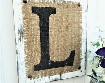 Wood letter, burlap print, distressed sign, Letter L sign, all letters, entryway, hallway, kids room, family room, guest room, monogram sign