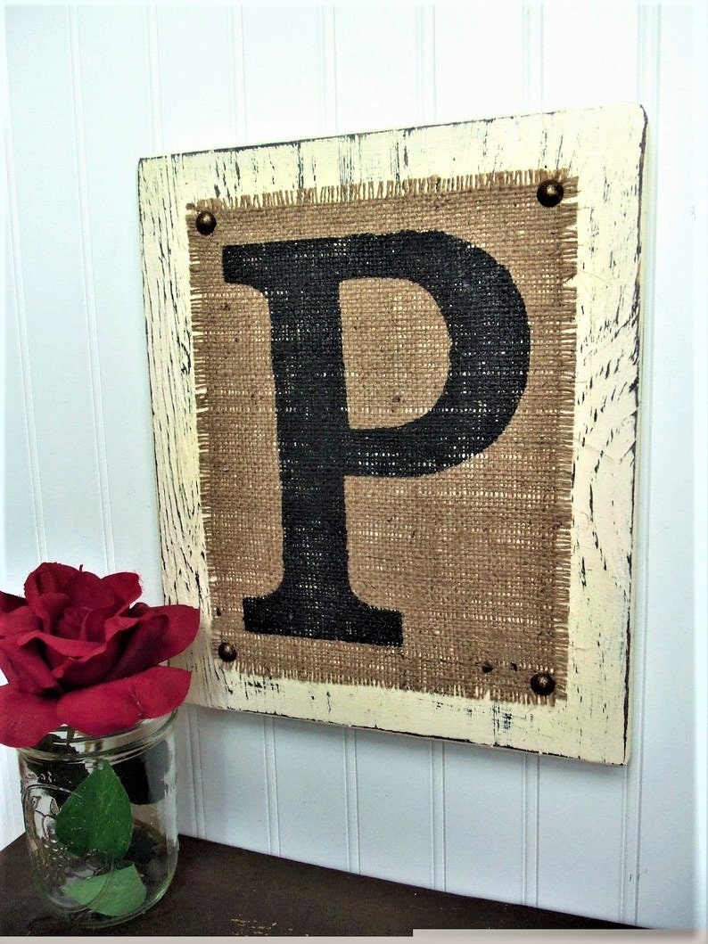 Monogram LETTER Sign, Burlap Wood Sign, Custom letter color, farmhouse signs, Personalized Wedding Gift, Housewarming Gift, wedding gift image 1