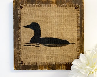 Rustic Loon Sign, Lake Sign with Loons, Lake House Sign, vintage look loon decor, burlap animal prints, framed burlap art, lodge signs, loon