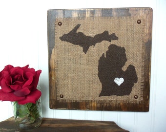 MICHIGAN State sign, MI sign, Burlap state, shabby chic, cottage sign, Lansing, hearts on cities, heart on town, rustic, state signs, wall