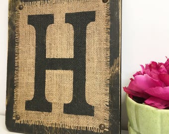 Custom letters, Letter H, Rustic Burlap Monogram, Painted Burlap Sign, wood letter signs, wooden letters for wall, personalized gift, rustic