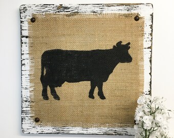 Cow sign, burlap deer sign, animal signs, rustic farm decor, farmhouse kitchen signs, farm animal prints, Cow silhouette, Cow Wood Sign