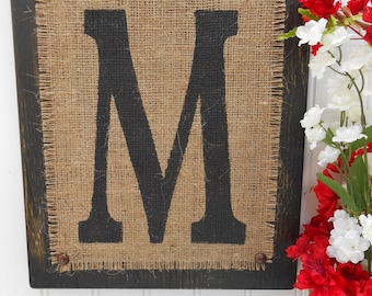 Burlap monogram, wood Letter sign, custom letters, color options, RUSTIC, wall signs, mantel signs, shelf decor, shabby chic, last name sign