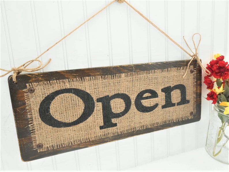 Business Sign, OPEN CLOSED, two sided, double sided, open and closed sign, Shop Decor, Boutique signs, BURLAP, shabby chic, Boutique signs image 1