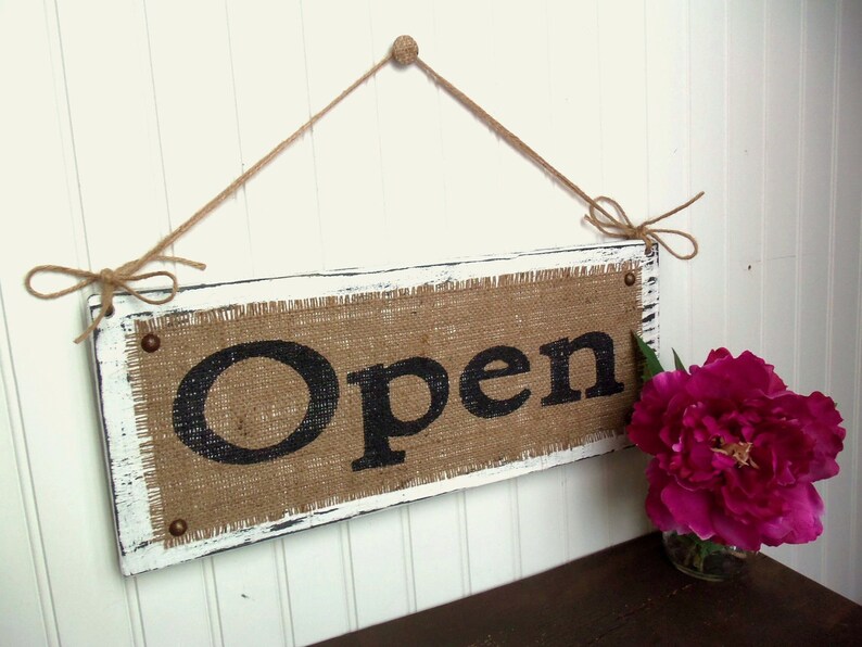 Business Sign, OPEN CLOSED, two sided, double sided, open and closed sign, Shop Decor, Boutique signs, BURLAP, shabby chic, Boutique signs image 5