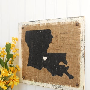 LOUISIANA state sign, Burlap distressed wood sign, cottage look, rustic elegance, 12 x 12, wall hanging, LA, family room decor, State Signs image 1