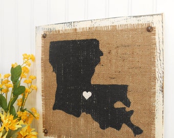 Louisiana Burlap State Sign, Distressed Wood, Rustic Cottage Decor