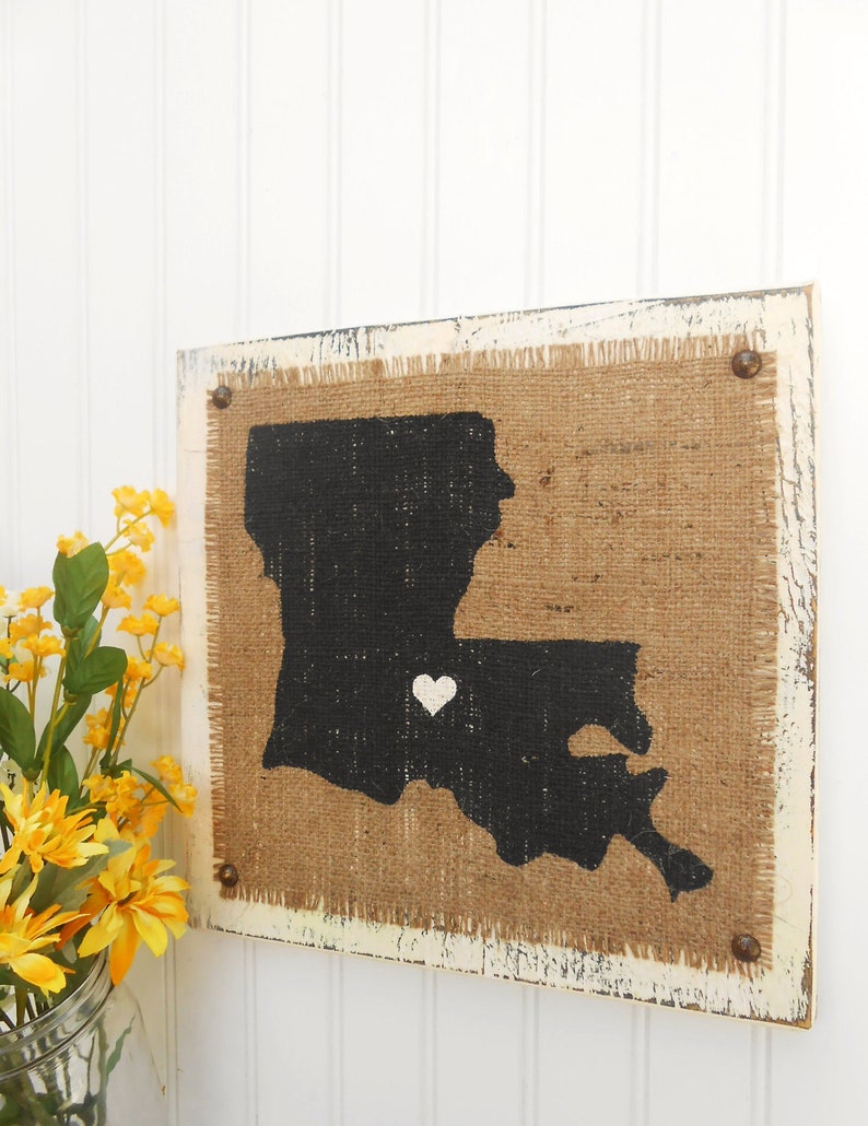 LOUISIANA state sign, Burlap distressed wood sign, cottage look, rustic elegance, 12 x 12, wall hanging, LA, family room decor, State Signs image 1