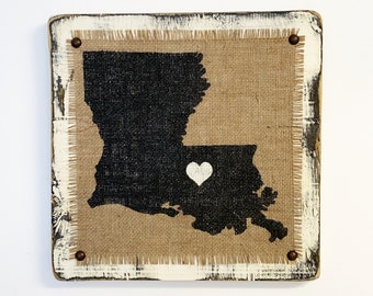 LOUISIANA state sign, Burlap distressed wood sign, cottage look, rustic elegance, 12 x 12, wall hanging, LA, family room decor, State Signs