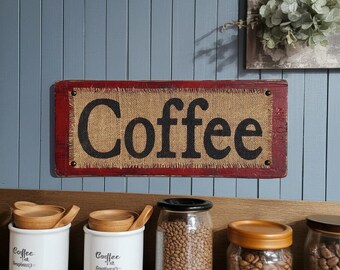 Rustic Coffee Sign, Burlap Kitchen Decor, Vintage Cafe Wall Art
