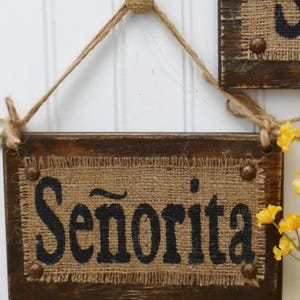 Senor and Senorita Distressed Wood Burlap Signs, Spanish Decor image 4
