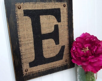 Rustic Letter E, Rustic Cowboy Burlap Monogram, Black Distressed Painted Burlap Sign, Name Primitive, woodenart, artcraft house table decor