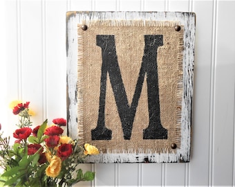 Custom letters, Letter M, Rustic Burlap Monogram, Painted Burlap Sign, wood letter signs, wooden letters for wall, personalized gift, rustic