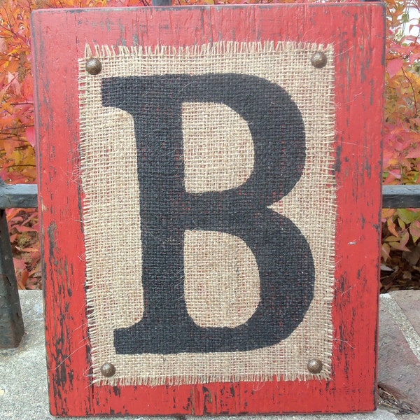 Custom letter monogrammed sign, CUSTOM color, wood letter sign, burlap, vintage looking, last name letter sign, letters for nursery and home