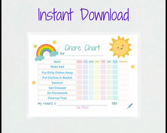 Può includere: Un grafico delle faccende da svolgere stampabile per bambini con un arcobaleno, nuvole e un sole sorridente. Il grafico include un elenco di compiti, i giorni della settimana e un sistema a punti. Ha anche uno spazio per una ricompensa.