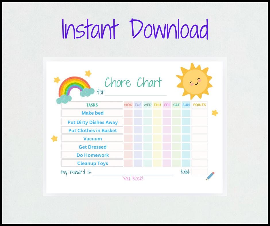 Printable Weekly Chore Chart for Kids (digital Download) - Etsy
