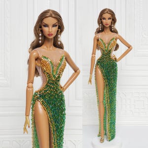 12in Doll Clothes Evening Gown Dress For Fashion Royalty Doll, FR2, FR6, Nuface Gold Green Bead Integrity Toy Clothes Outfit D284