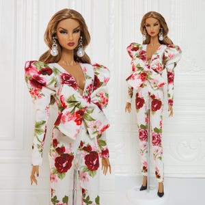 12in Doll Clothes Floral Bow Jumpsuit Puff Sleeve Clothes For Fashion Royalty Doll, FR2, FR6, Nuface Integrity Toy Outfit D055F