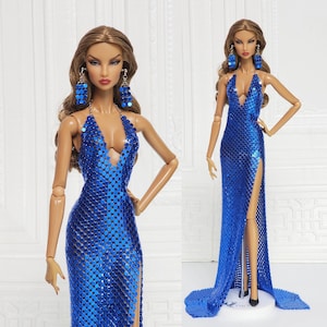 12in Doll Clothes Blue Metal Mesh Halter Neck Dress For Fashion Royalty Doll, FR2, FR6, Nuface, Poppy Parker Integrity Toy Outfit D077A