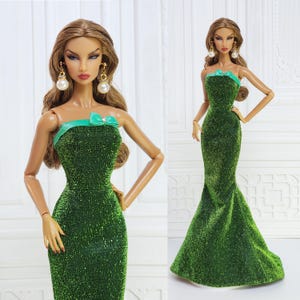 12in Doll Clothes For Fashion Royalty Doll, FR2, FR6, Green Strapless Mermaid Dress Integrity Toy Outfit D080C