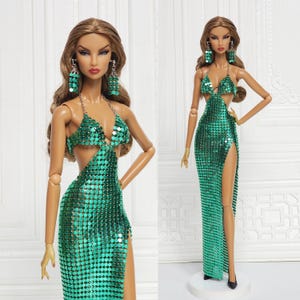 Vestido de malla metálica verde con escote halter y abertura lateral para muñecas Fashion Royalty, FR2, FR6, Nuface y Poppy Parker Integrity Toy, D297C