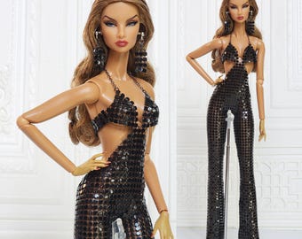 Ropa para muñecas Fashion Royalty de 12" FR2 FR6 Nuface Poppy Parker Mono de malla metálica negra D415B
