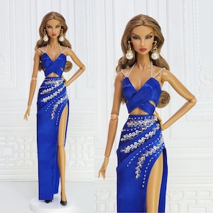 12in Doll Clothes For Fashion Royalty Doll, FR2, FR6, Nuface, Poppy Parker Blue Camisole Dress Slit Side Skirt Integrity Toy Outfit D143A
