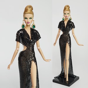 12in Doll Clothes Black Metal Mesh Halter Neck Gala Dress For Fashion Royalty Doll, FR2, Nuface, Poppy Parker Integrity Toy Outfit D002B