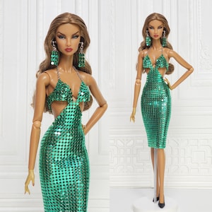 Vestido con falda de malla metálica verde con cuello halter por debajo de la rodilla para muñecas Fashion Royalty, FR2, FR6, Nuface y Poppy Parker Integrity Toy Outfit D300C