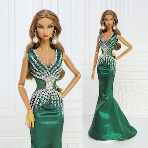 Ropa para muñeca Fashion Royalty, FR2, FR6, vestido de sirena verde, conjunto de juguete con cuentas plateadas, D180C