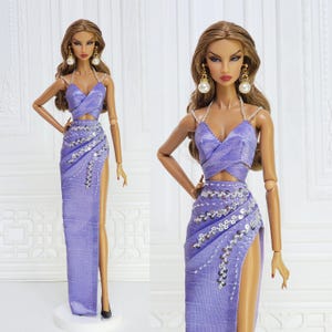 12in Doll Clothes For Fashion Royalty Doll, FR2, FR6, Nuface, Poppy Parker Purple Camisole Dress Slit Side Skirt Integrity Toy Outfit D143V