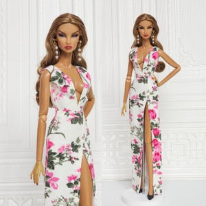 Pink Floral V Neck Slit Dress Gown for FR2, FR6 Fashion Royalty Doll Integrity Clothes Toy Outfit D270