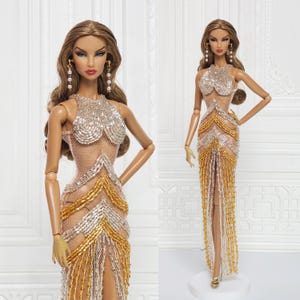 Evening Gown Dress For Fashion Royalty Doll, FR2, FR6, Nuface, Poppy Parker Gold Silver Bead Integrity Toy Clothes Outfit D256