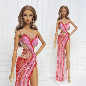 12in Doll Clothes Evening Gown Dress For Fashion Royalty Doll, FR2, FR6, Nuface Red Pink Bead Integrity Toy Clothes Outfit D308