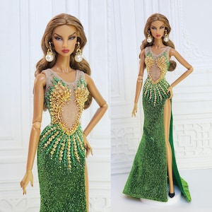 Ropa para muñecas de la realeza de la moda, FR2, FR6, vestido de noche con cuentas de oro verde, vestido de sirena, atuendo de juguete de integridad D197C
