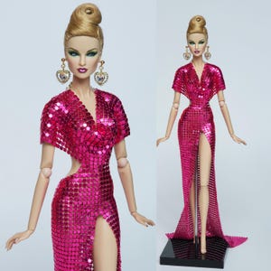 12in Doll Clothes Pink Metal Mesh Halter Neck Gala Dress For Fashion Royalty Doll, FR2, Nuface, Poppy Parker Integrity Toy Outfit D002P