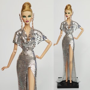 12in Doll Clothes Silver Metal Mesh Halter Neck Gala Dress For Fashion Royalty Doll, FR2, Nuface, Poppy Parker Integrity Toy Outfit D002S